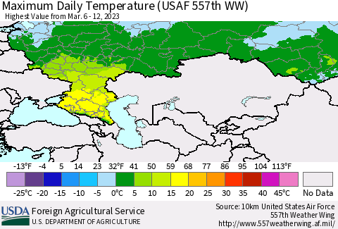 Russian Federation Maximum Daily Temperature (USAF 557th WW) Thematic Map For 3/6/2023 - 3/12/2023