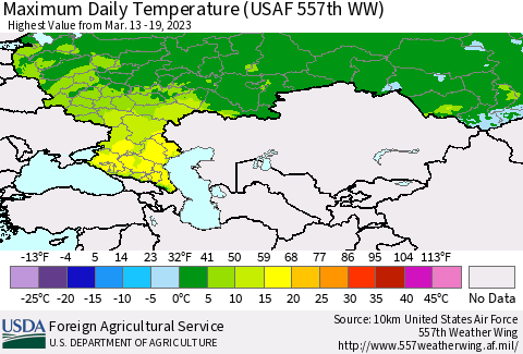 Russian Federation Maximum Daily Temperature (USAF 557th WW) Thematic Map For 3/13/2023 - 3/19/2023