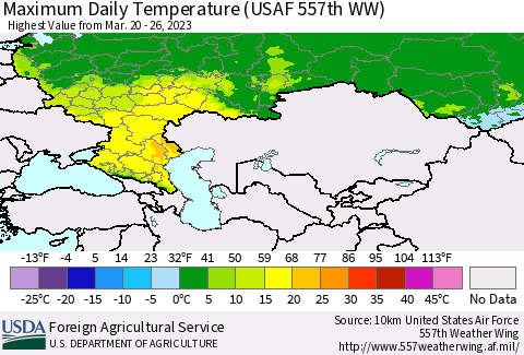 Russian Federation Maximum Daily Temperature (USAF 557th WW) Thematic Map For 3/20/2023 - 3/26/2023