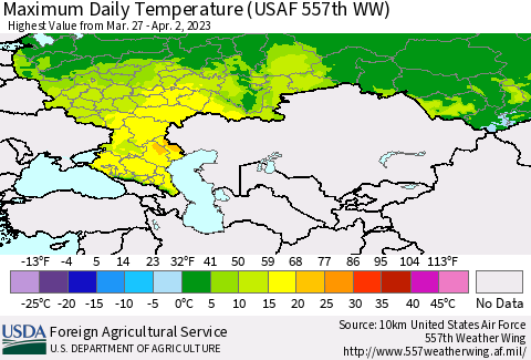 Russian Federation Maximum Daily Temperature (USAF 557th WW) Thematic Map For 3/27/2023 - 4/2/2023