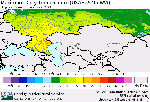 Russian Federation Maximum Daily Temperature (USAF 557th WW) Thematic Map For 4/3/2023 - 4/9/2023