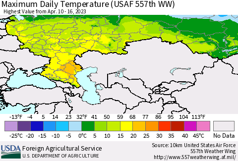 Russian Federation Maximum Daily Temperature (USAF 557th WW) Thematic Map For 4/10/2023 - 4/16/2023