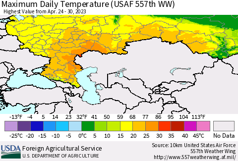 Russian Federation Maximum Daily Temperature (USAF 557th WW) Thematic Map For 4/24/2023 - 4/30/2023