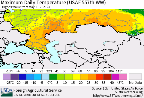 Russian Federation Maximum Daily Temperature (USAF 557th WW) Thematic Map For 5/1/2023 - 5/7/2023