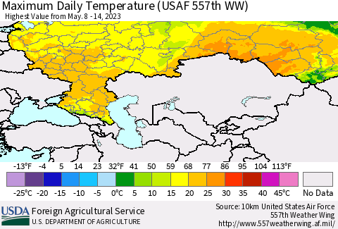 Russian Federation Maximum Daily Temperature (USAF 557th WW) Thematic Map For 5/8/2023 - 5/14/2023