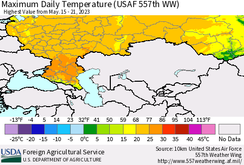 Russian Federation Maximum Daily Temperature (USAF 557th WW) Thematic Map For 5/15/2023 - 5/21/2023