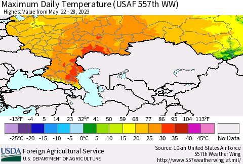 Russian Federation Maximum Daily Temperature (USAF 557th WW) Thematic Map For 5/22/2023 - 5/28/2023