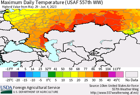Russian Federation Maximum Daily Temperature (USAF 557th WW) Thematic Map For 5/29/2023 - 6/4/2023