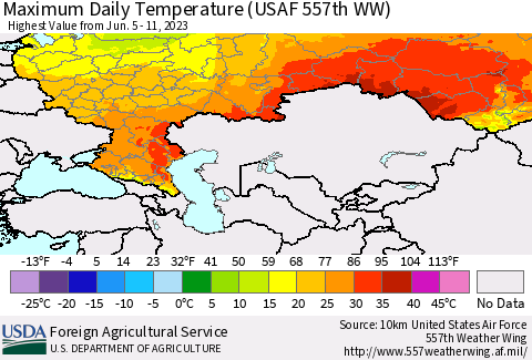 Russian Federation Maximum Daily Temperature (USAF 557th WW) Thematic Map For 6/5/2023 - 6/11/2023