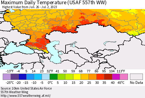 Russian Federation Maximum Daily Temperature (USAF 557th WW) Thematic Map For 6/26/2023 - 7/2/2023