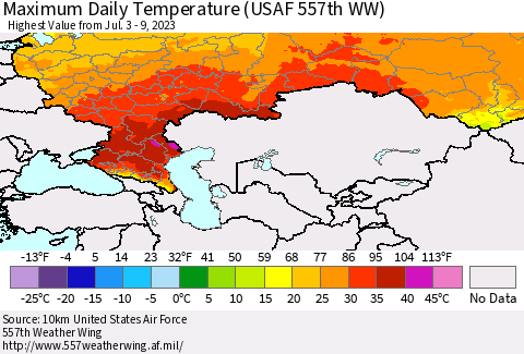 Russian Federation Maximum Daily Temperature (USAF 557th WW) Thematic Map For 7/3/2023 - 7/9/2023