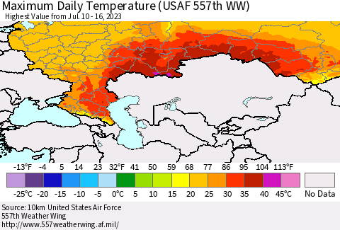 Russian Federation Maximum Daily Temperature (USAF 557th WW) Thematic Map For 7/10/2023 - 7/16/2023