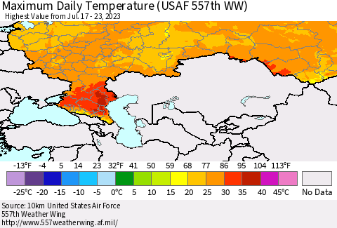 Russian Federation Maximum Daily Temperature (USAF 557th WW) Thematic Map For 7/17/2023 - 7/23/2023