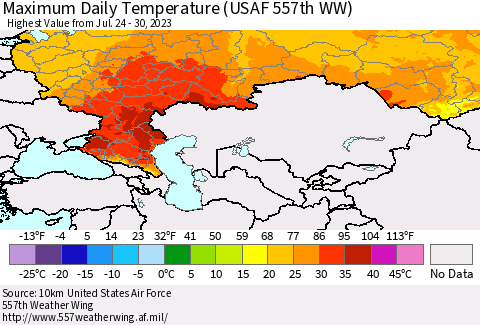 Russian Federation Maximum Daily Temperature (USAF 557th WW) Thematic Map For 7/24/2023 - 7/30/2023
