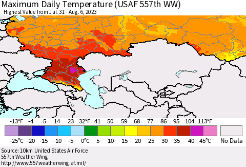 Russian Federation Maximum Daily Temperature (USAF 557th WW) Thematic Map For 7/31/2023 - 8/6/2023