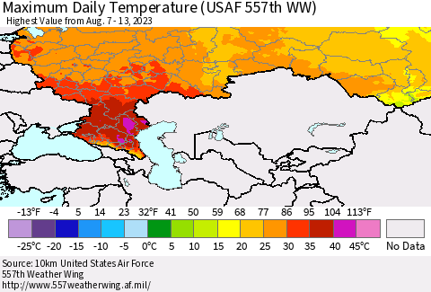 Russian Federation Maximum Daily Temperature (USAF 557th WW) Thematic Map For 8/7/2023 - 8/13/2023