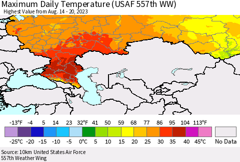 Russian Federation Maximum Daily Temperature (USAF 557th WW) Thematic Map For 8/14/2023 - 8/20/2023