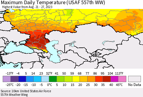 Russian Federation Maximum Daily Temperature (USAF 557th WW) Thematic Map For 8/21/2023 - 8/27/2023