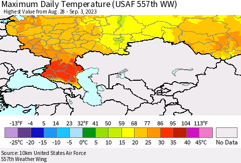 Russian Federation Maximum Daily Temperature (USAF 557th WW) Thematic Map For 8/28/2023 - 9/3/2023