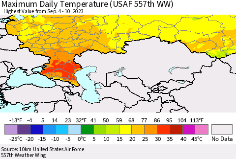 Russian Federation Maximum Daily Temperature (USAF 557th WW) Thematic Map For 9/4/2023 - 9/10/2023