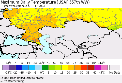 Russian Federation Maximum Daily Temperature (USAF 557th WW) Thematic Map For 9/11/2023 - 9/17/2023