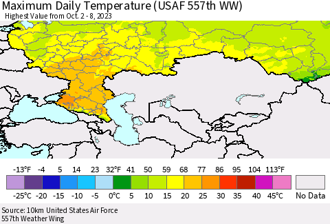 Russian Federation Maximum Daily Temperature (USAF 557th WW) Thematic Map For 10/2/2023 - 10/8/2023
