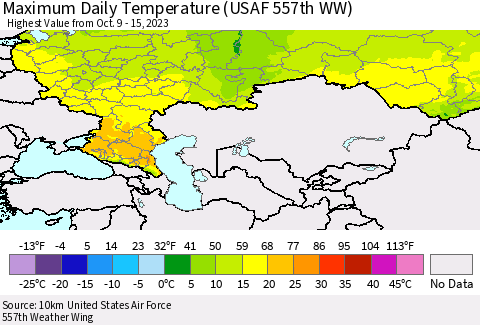 Russian Federation Maximum Daily Temperature (USAF 557th WW) Thematic Map For 10/9/2023 - 10/15/2023