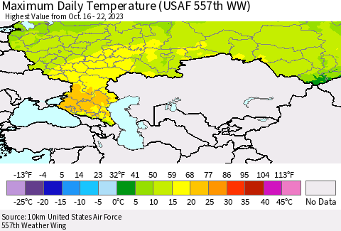 Russian Federation Maximum Daily Temperature (USAF 557th WW) Thematic Map For 10/16/2023 - 10/22/2023
