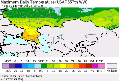 Russian Federation Maximum Daily Temperature (USAF 557th WW) Thematic Map For 10/23/2023 - 10/29/2023