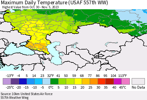 Russian Federation Maximum Daily Temperature (USAF 557th WW) Thematic Map For 10/30/2023 - 11/5/2023