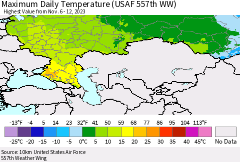 Russian Federation Maximum Daily Temperature (USAF 557th WW) Thematic Map For 11/6/2023 - 11/12/2023