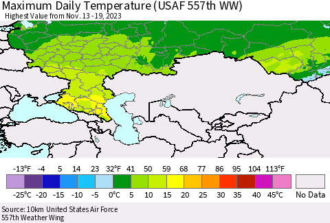 Russian Federation Maximum Daily Temperature (USAF 557th WW) Thematic Map For 11/13/2023 - 11/19/2023