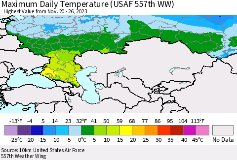Russian Federation Maximum Daily Temperature (USAF 557th WW) Thematic Map For 11/20/2023 - 11/26/2023