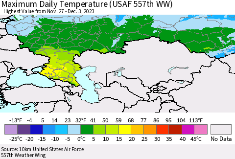 Russian Federation Maximum Daily Temperature (USAF 557th WW) Thematic Map For 11/27/2023 - 12/3/2023