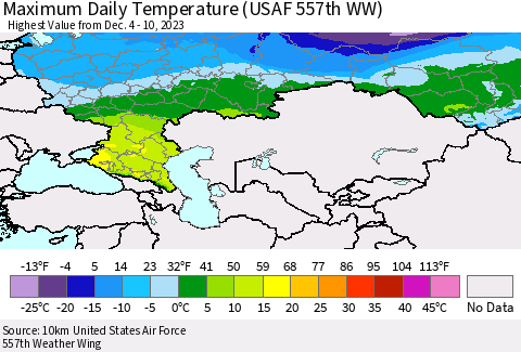 Russian Federation Maximum Daily Temperature (USAF 557th WW) Thematic Map For 12/4/2023 - 12/10/2023