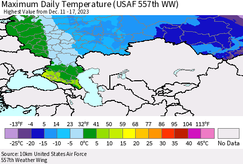 Russian Federation Maximum Daily Temperature (USAF 557th WW) Thematic Map For 12/11/2023 - 12/17/2023
