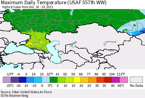 Russian Federation Maximum Daily Temperature (USAF 557th WW) Thematic Map For 12/18/2023 - 12/24/2023