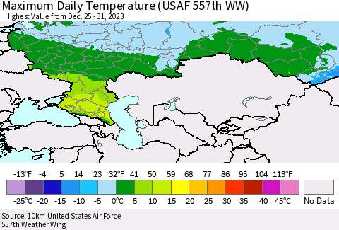 Russian Federation Maximum Daily Temperature (USAF 557th WW) Thematic Map For 12/25/2023 - 12/31/2023