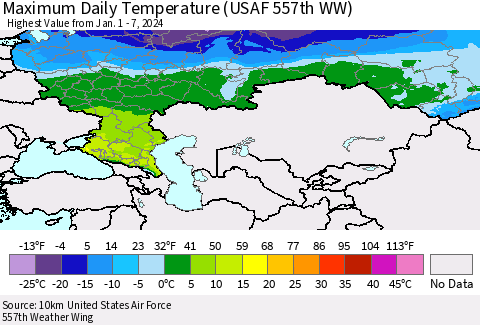 Russian Federation Maximum Daily Temperature (USAF 557th WW) Thematic Map For 1/1/2024 - 1/7/2024