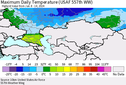 Russian Federation Maximum Daily Temperature (USAF 557th WW) Thematic Map For 1/8/2024 - 1/14/2024