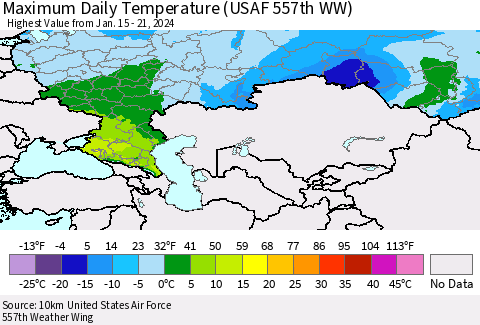 Russian Federation Maximum Daily Temperature (USAF 557th WW) Thematic Map For 1/15/2024 - 1/21/2024
