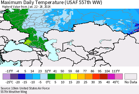 Russian Federation Maximum Daily Temperature (USAF 557th WW) Thematic Map For 1/22/2024 - 1/28/2024