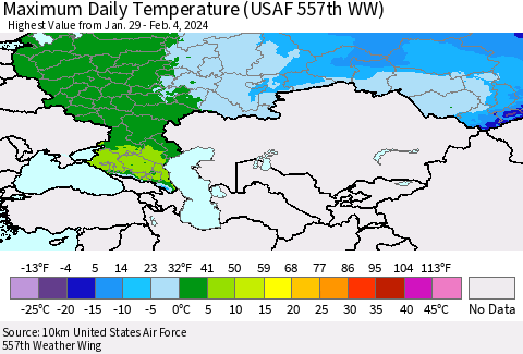 Russian Federation Maximum Daily Temperature (USAF 557th WW) Thematic Map For 1/29/2024 - 2/4/2024