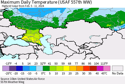 Russian Federation Maximum Daily Temperature (USAF 557th WW) Thematic Map For 2/5/2024 - 2/11/2024
