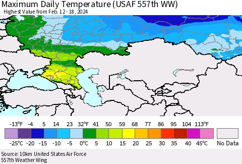 Russian Federation Maximum Daily Temperature (USAF 557th WW) Thematic Map For 2/12/2024 - 2/18/2024