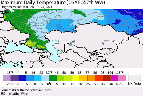 Russian Federation Maximum Daily Temperature (USAF 557th WW) Thematic Map For 2/19/2024 - 2/25/2024