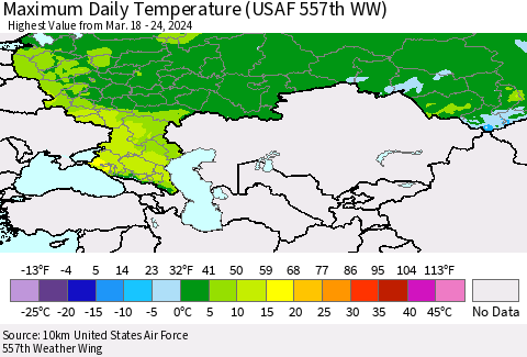 Russian Federation Maximum Daily Temperature (USAF 557th WW) Thematic Map For 3/18/2024 - 3/24/2024