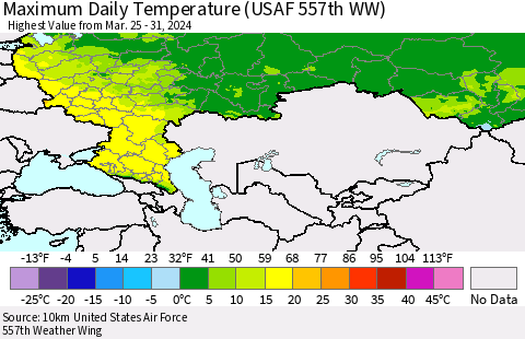 Russian Federation Maximum Daily Temperature (USAF 557th WW) Thematic Map For 3/25/2024 - 3/31/2024