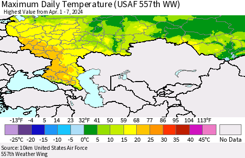 Russian Federation Maximum Daily Temperature (USAF 557th WW) Thematic Map For 4/1/2024 - 4/7/2024