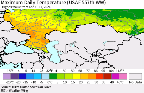 Russian Federation Maximum Daily Temperature (USAF 557th WW) Thematic Map For 4/8/2024 - 4/14/2024